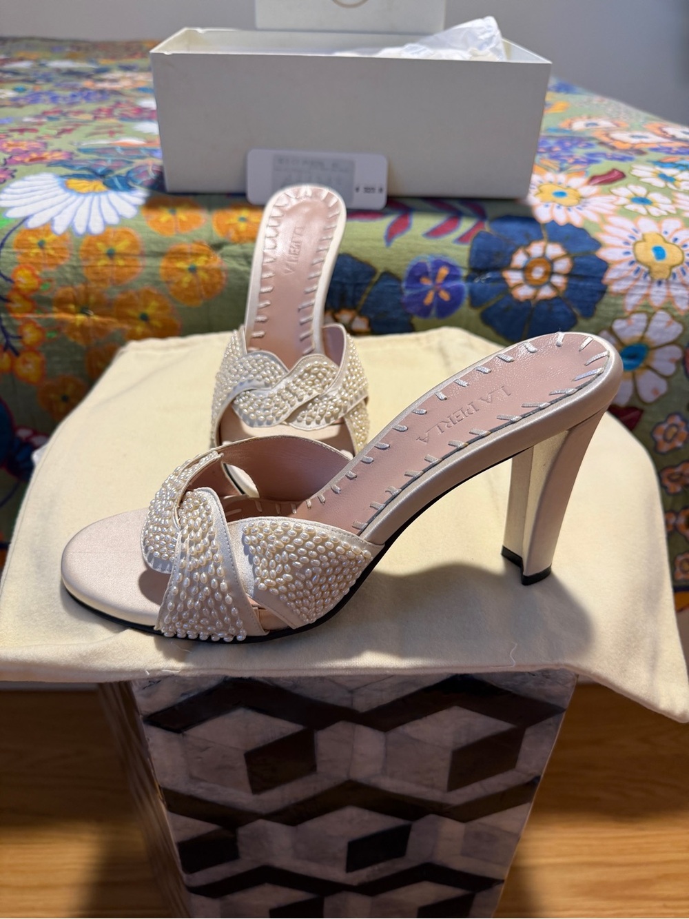 Vintage La Perla Ivory Pearl-Embellished Slide Heels - Picture 5 of 15